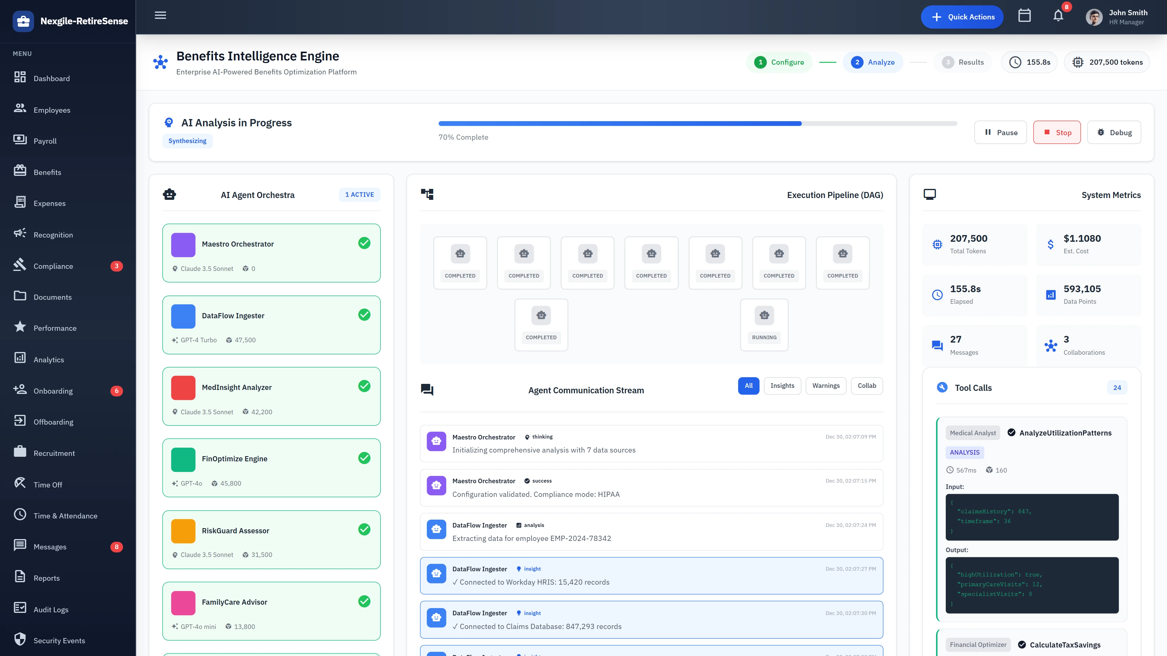 AI Analysis - Agent orchestration pipeline with real-time system metrics and communication stream