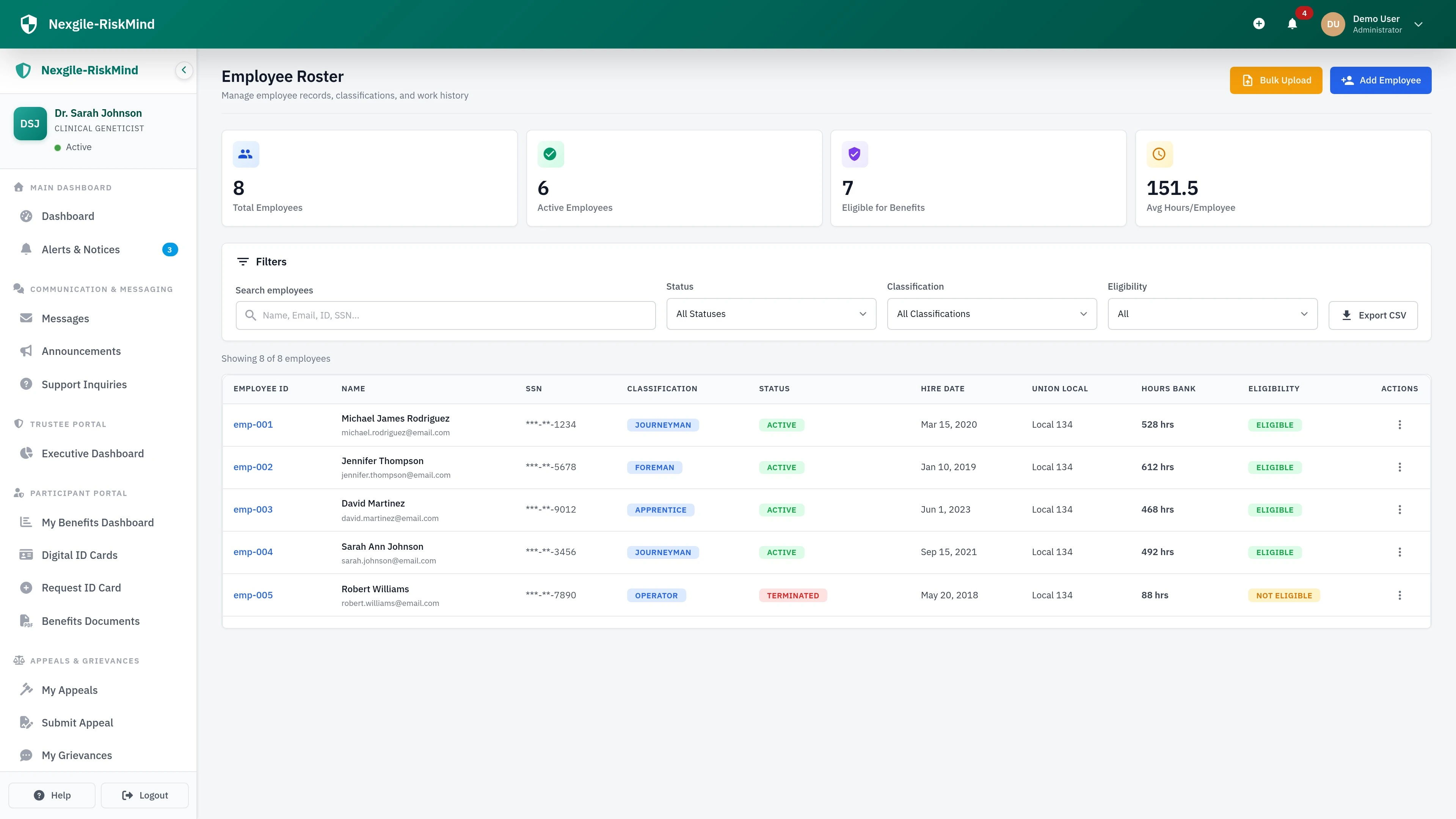 Employer Roster Portal - Employee roster management and work hours reporting interface