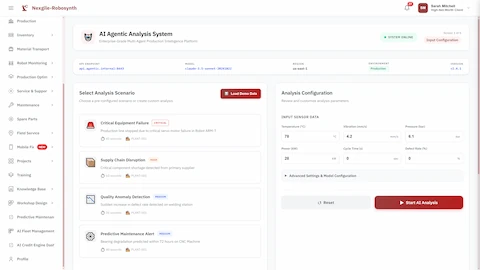 Crisis scenario selection interface with pre-configured scenarios and sensor data configuration for comprehensive multi-agent production analysis