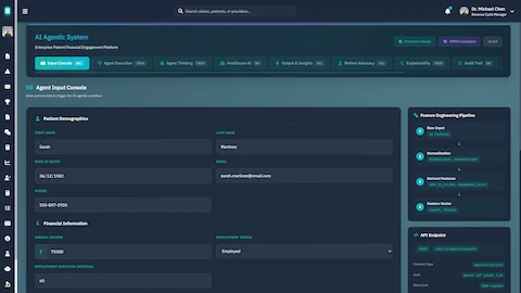 Agent Input Console - Patient demographics and financial information entry with feature engineering pipeline visualization