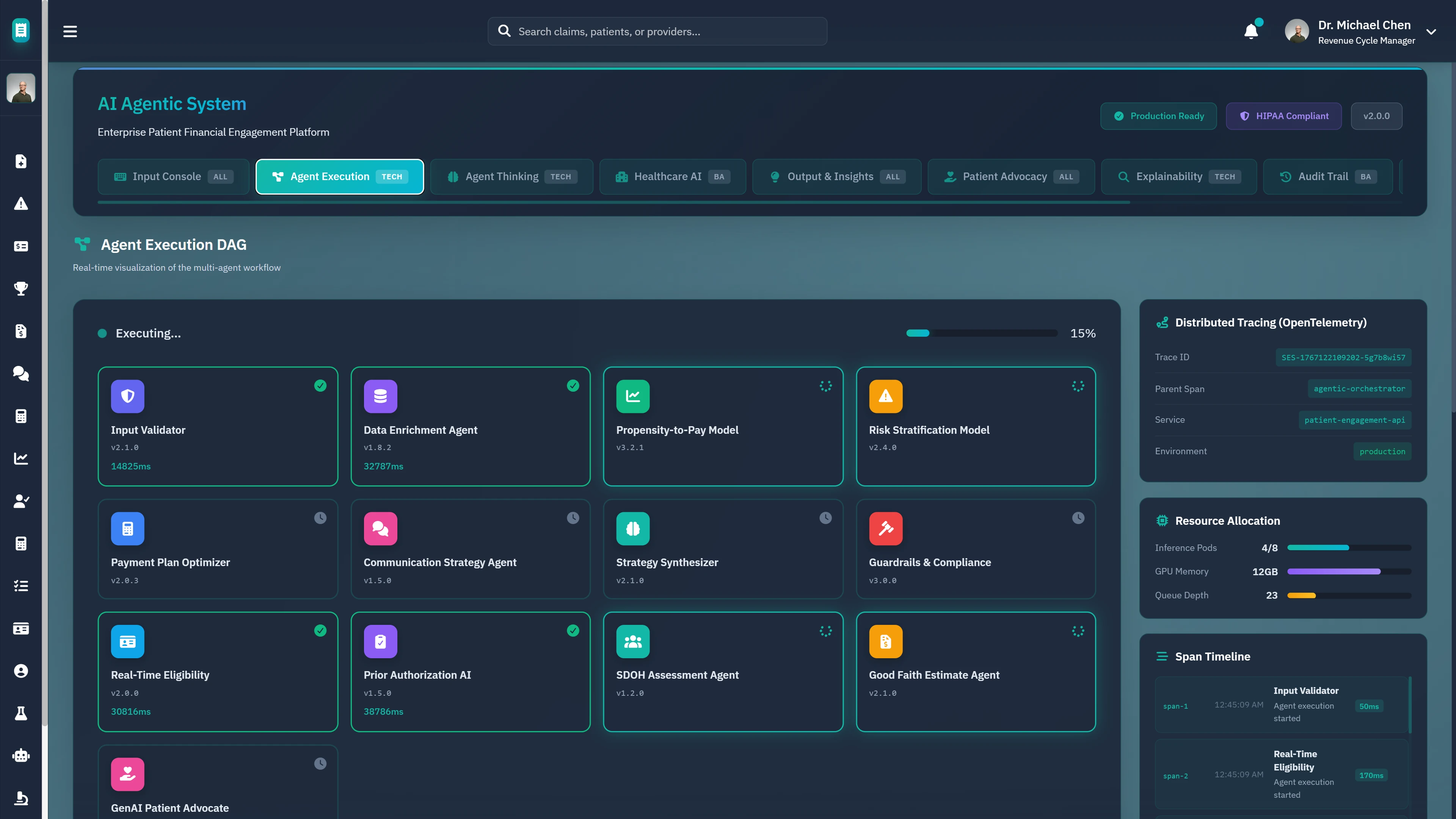 Agent Execution DAG - Real-time multi-agent workflow visualization showing 12 specialized agents with execution status and distributed tracing