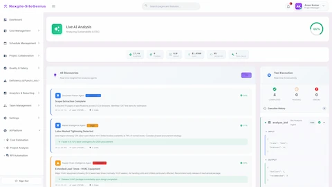 Live AI Analysis - Real-time agent processing showing AI discoveries, market insights, and supply chain alerts with tool execution tracking.