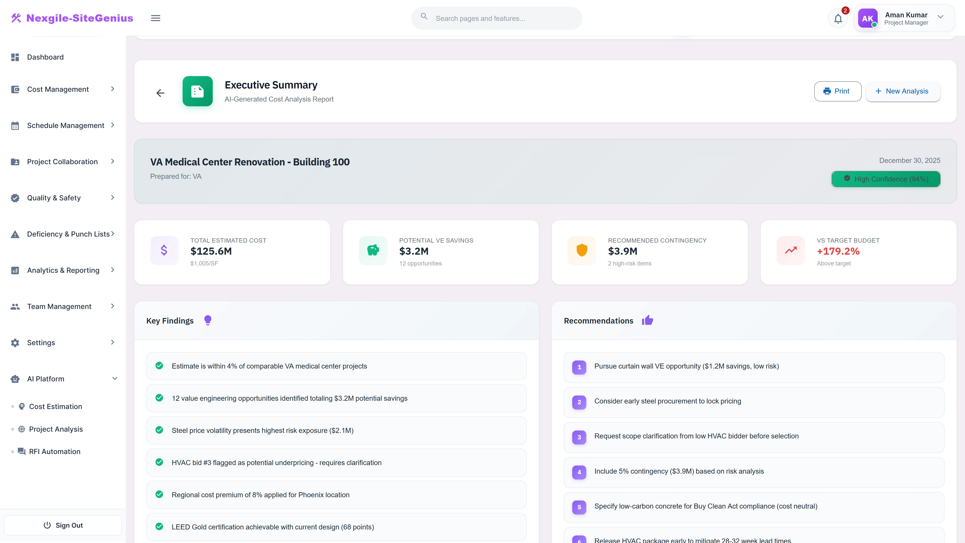 Executive Summary - AI-generated cost report with total estimate, VE savings opportunities, contingency recommendations, and key findings.