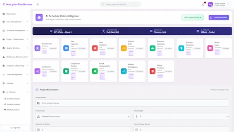 Agent Overview - 12 AI agents displayed with their ML models, showing project parameters input and technology stack configuration.