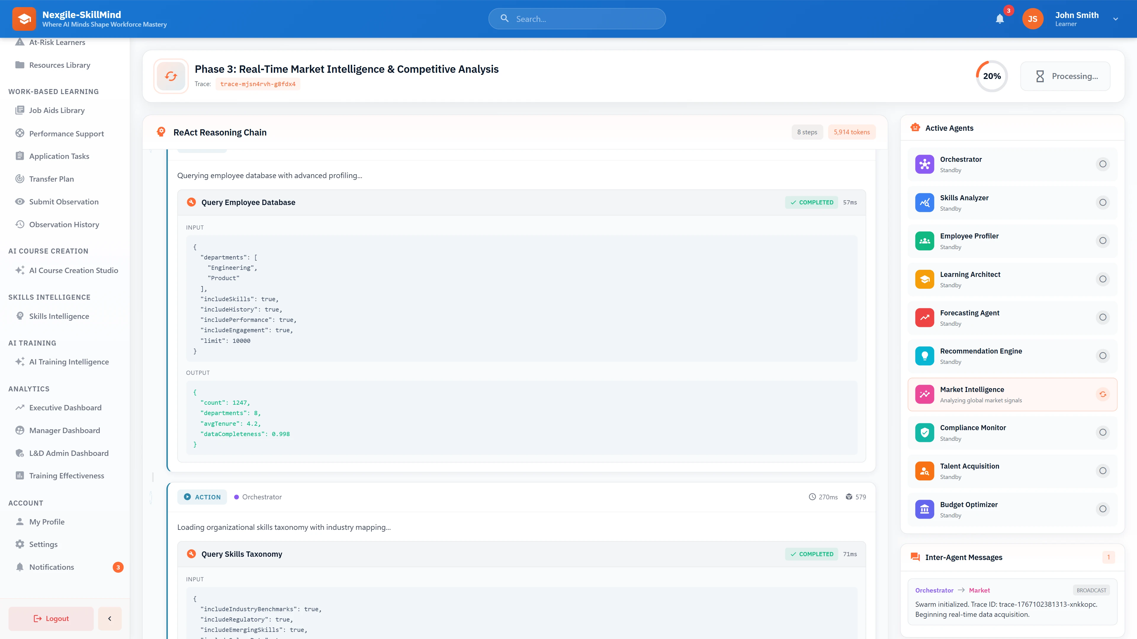 ReAct Reasoning Chain - Real-time market intelligence phase showing agent tool calls, database queries, and inter-agent message coordination