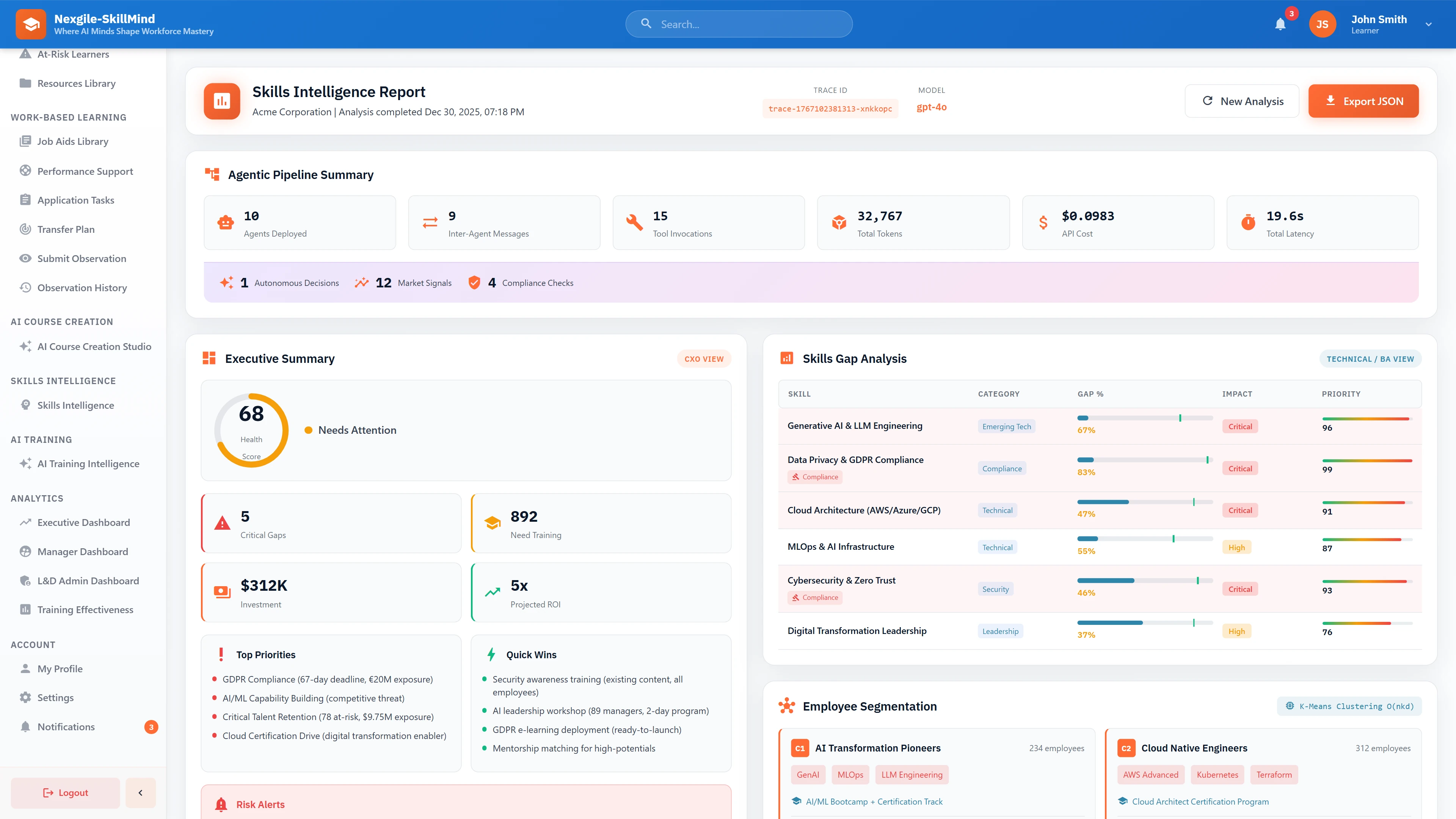 Skills Intelligence Report - Executive summary with health score, critical gaps analysis, employee segmentation clusters, and ROI projections
