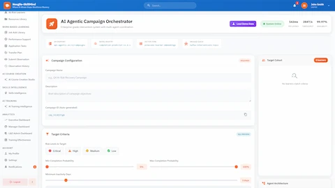 Campaign Configuration - Target criteria setup with risk level filters, completion probability thresholds, and inactivity day parameters