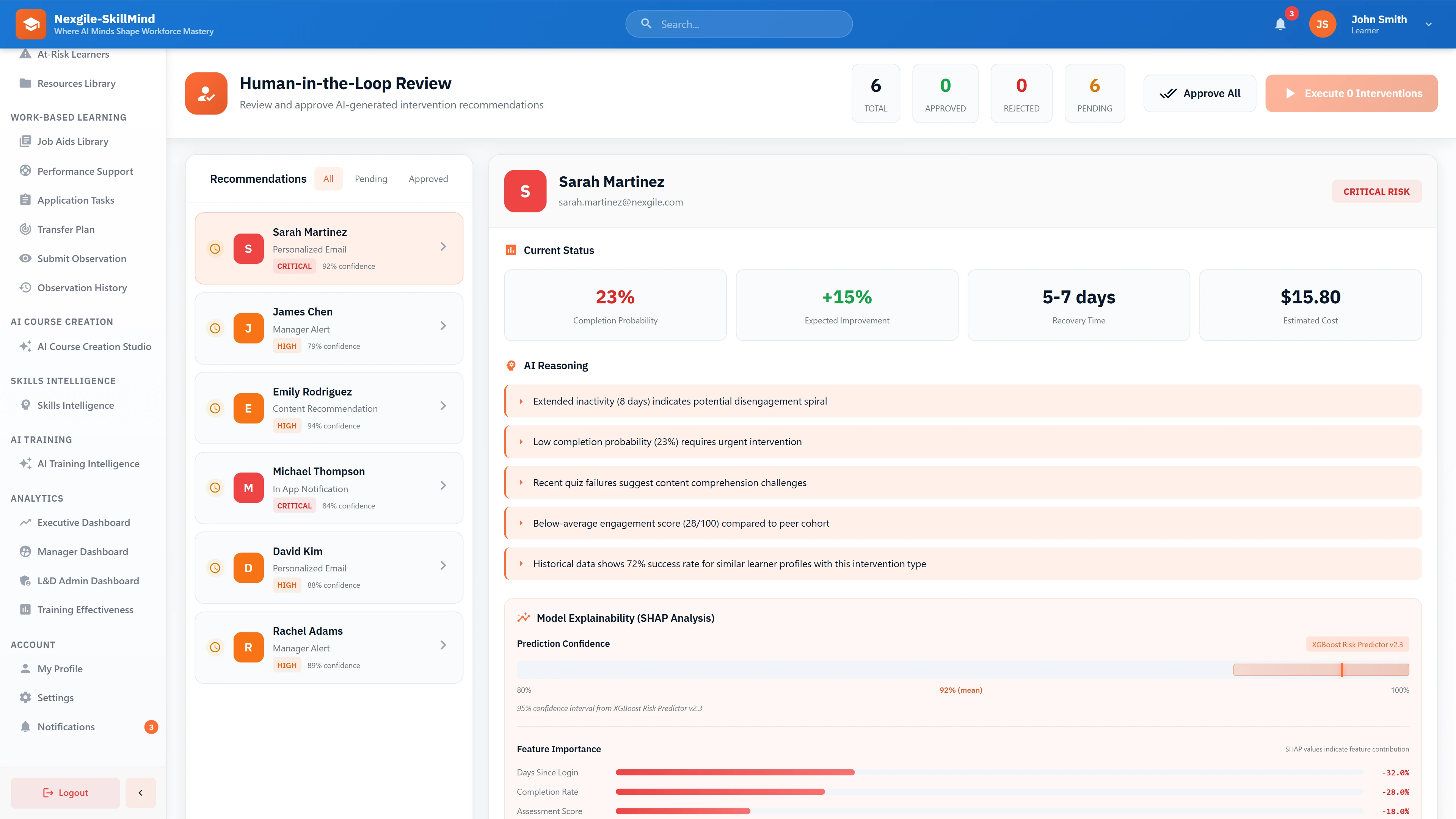 Human-in-the-Loop Review - AI-generated intervention recommendations with learner profiles, SHAP explainability analysis, and approval workflow
