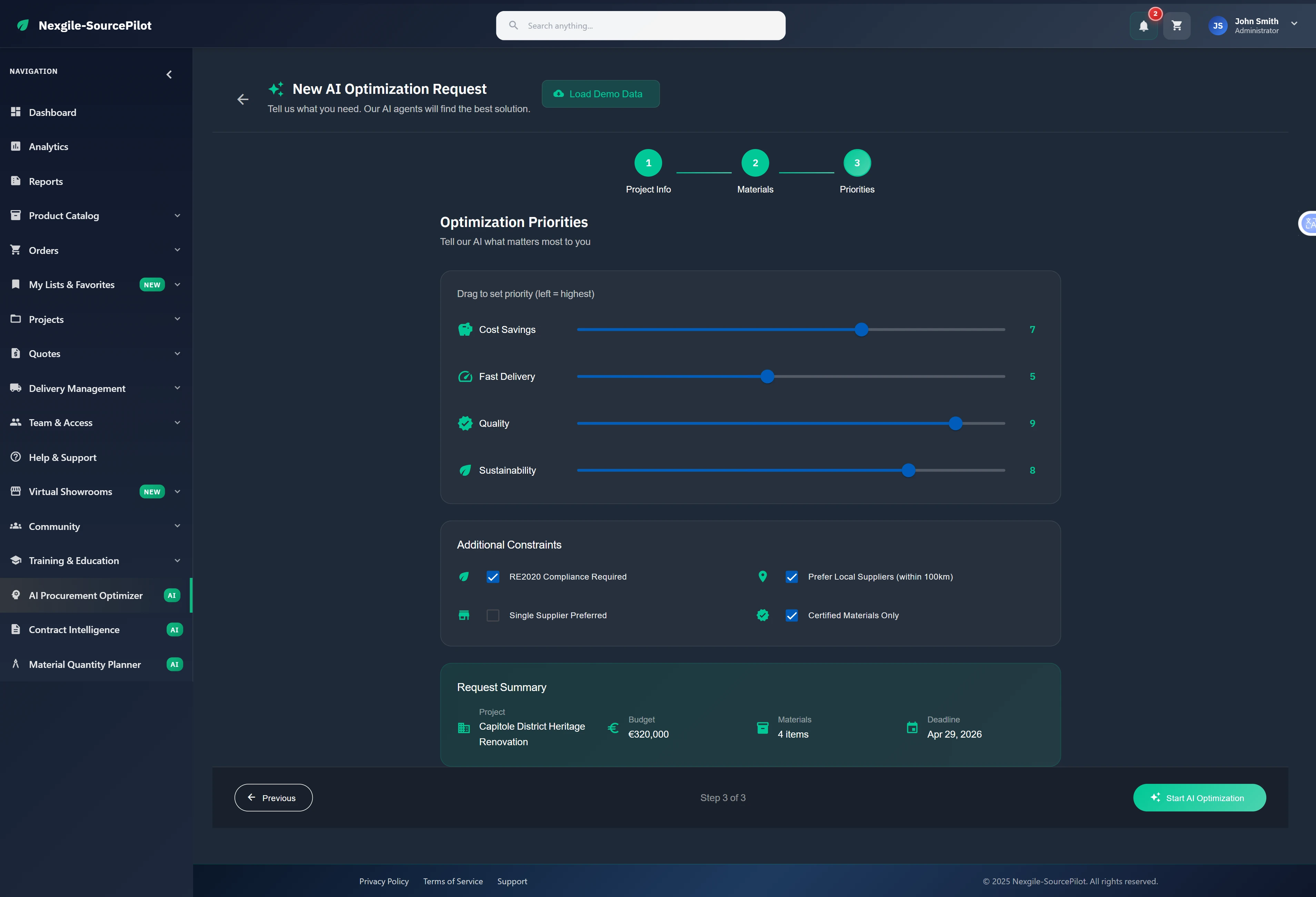 Optimization priorities configuration with customizable parameters for cost, delivery, quality, and sustainability