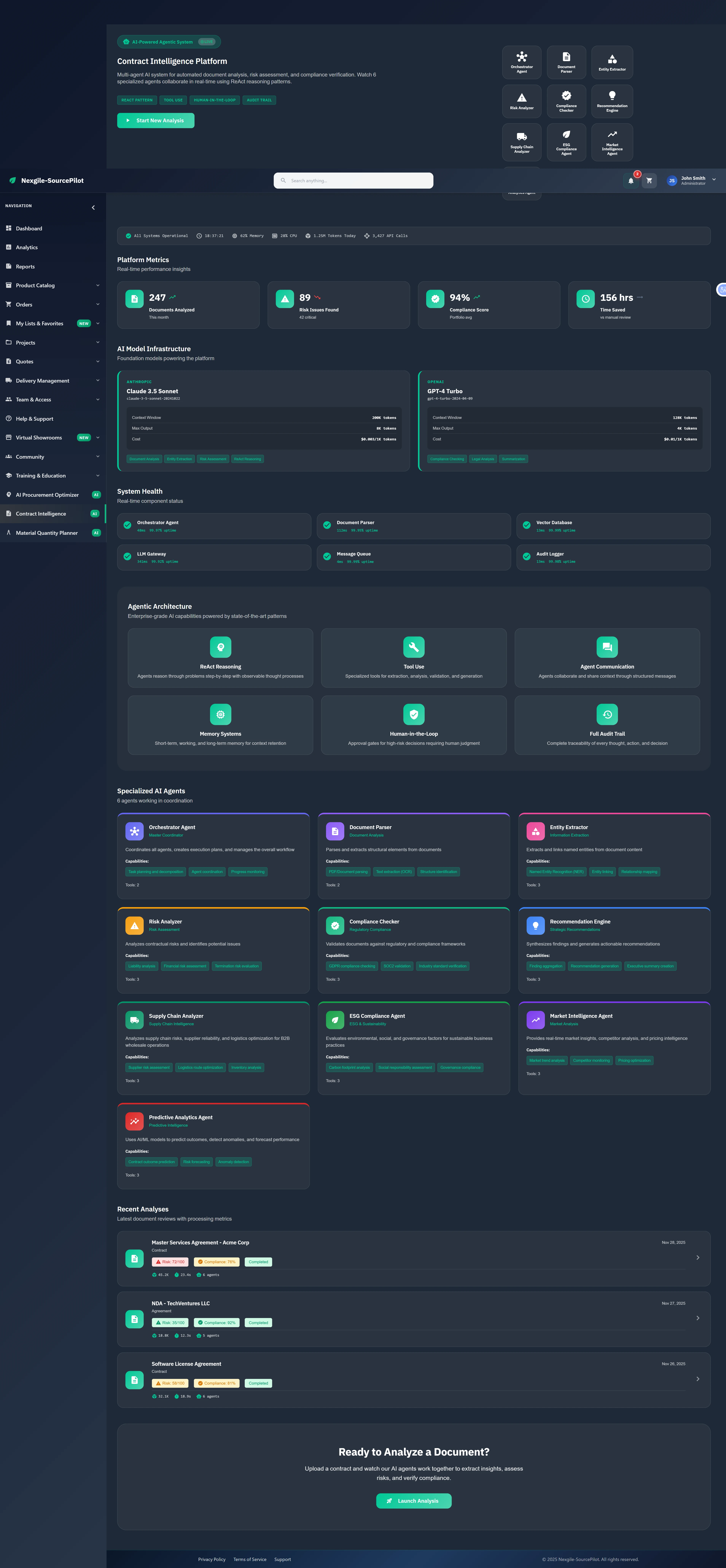 Contract Intelligence Platform dashboard with system metrics, AI model infrastructure, and specialized agent overview