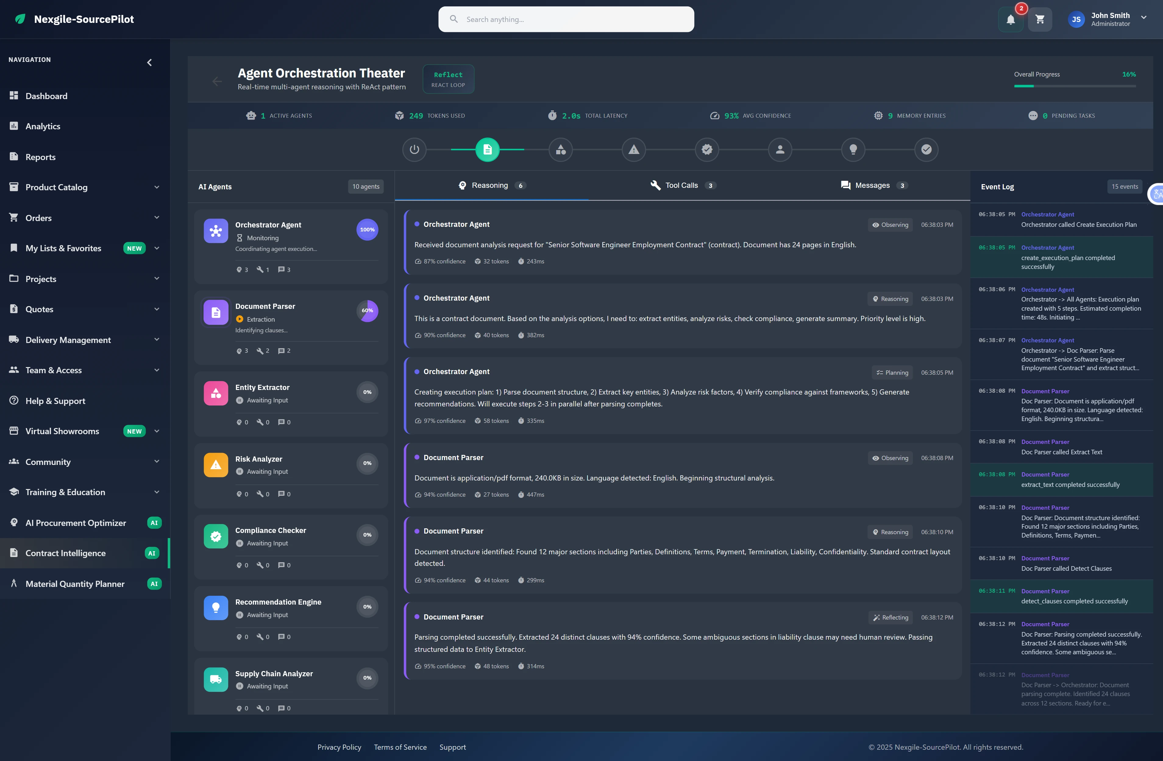 Agent Orchestration Theater showing real-time ReAct pattern execution with live reasoning and tool calls