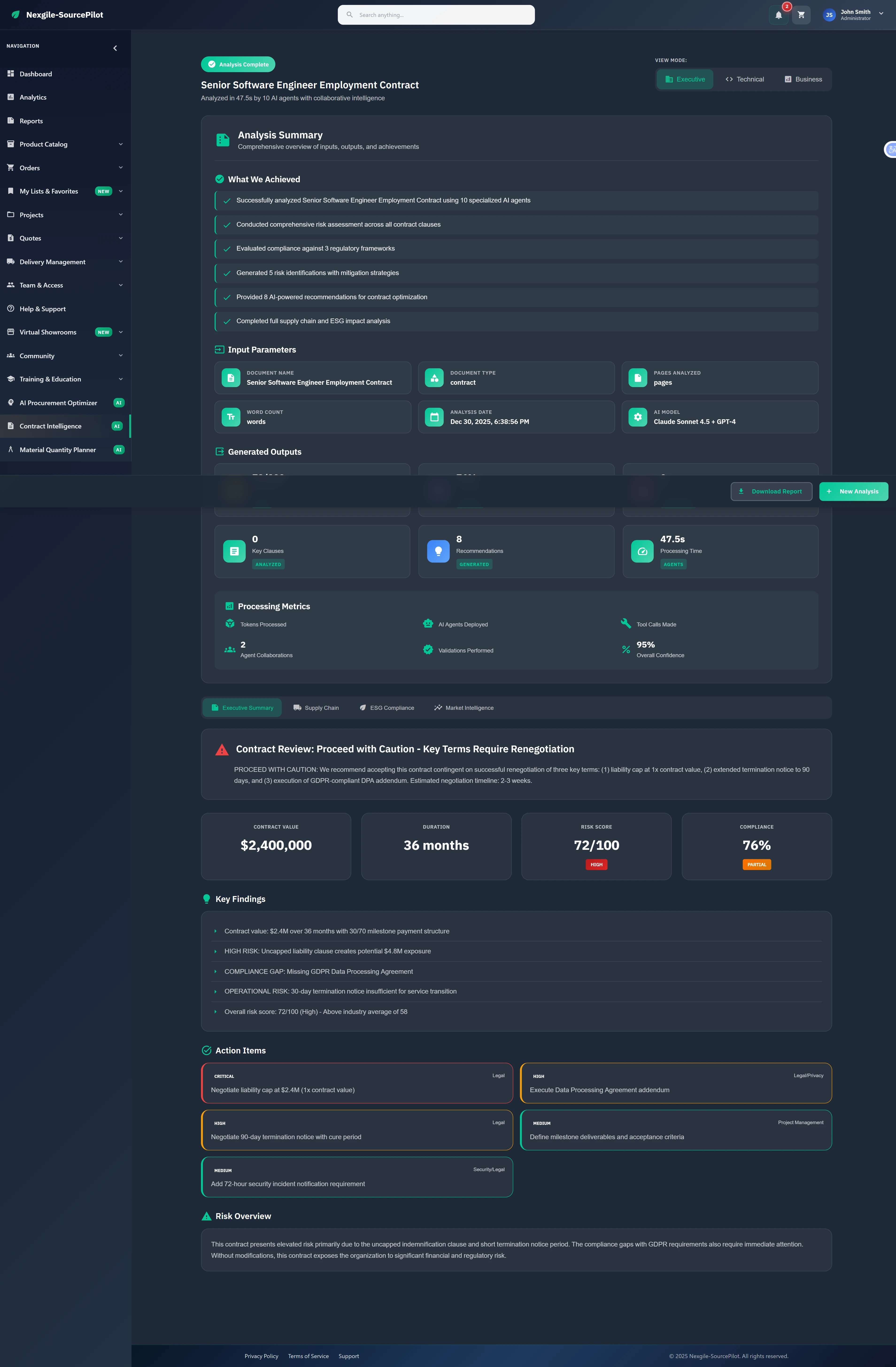 Comprehensive contract analysis results with key findings, risk scores, compliance status, and actionable recommendations