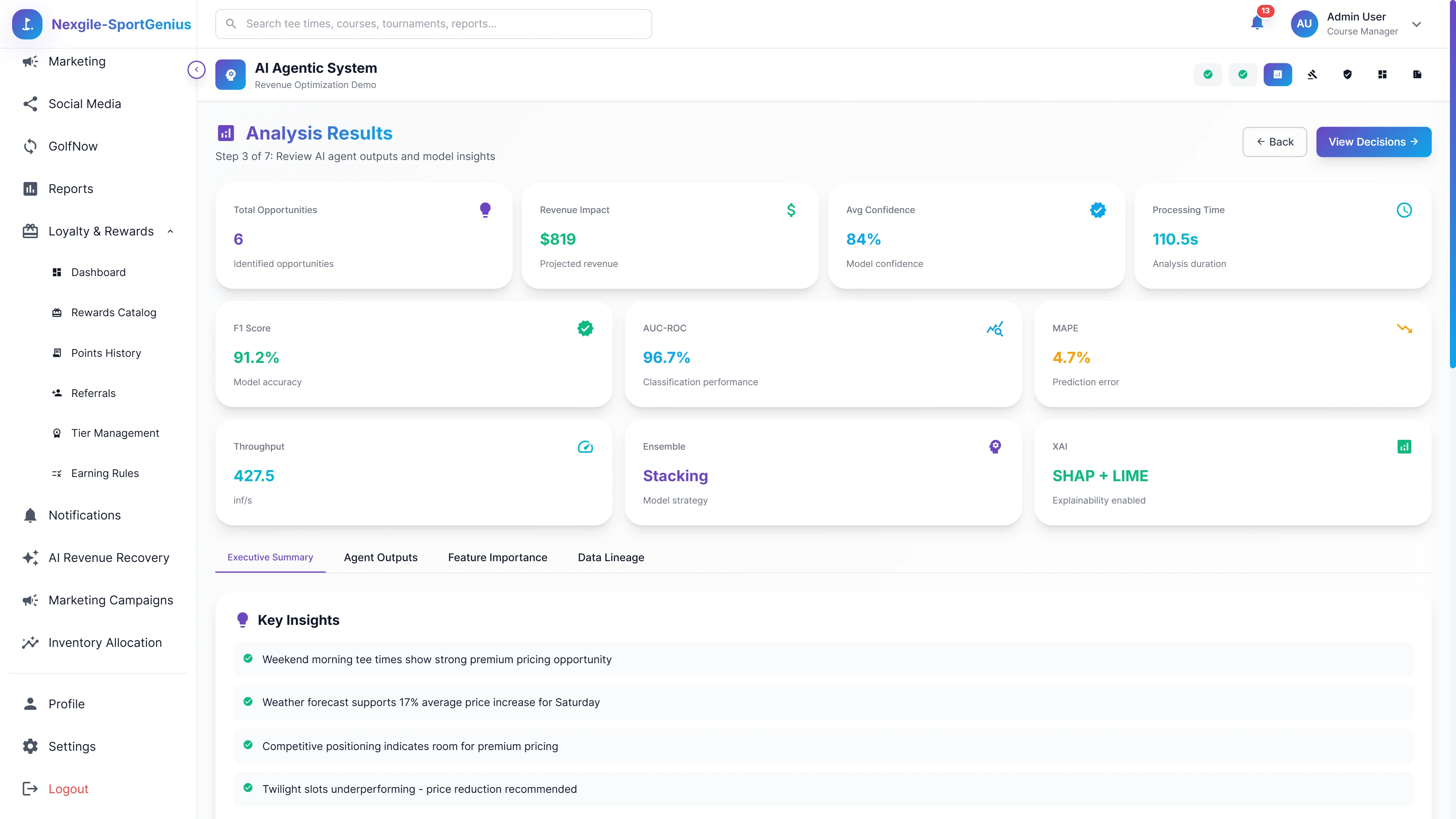 Analysis Results Dashboard - AI-generated insights with revenue opportunities, model performance metrics, and actionable pricing recommendations