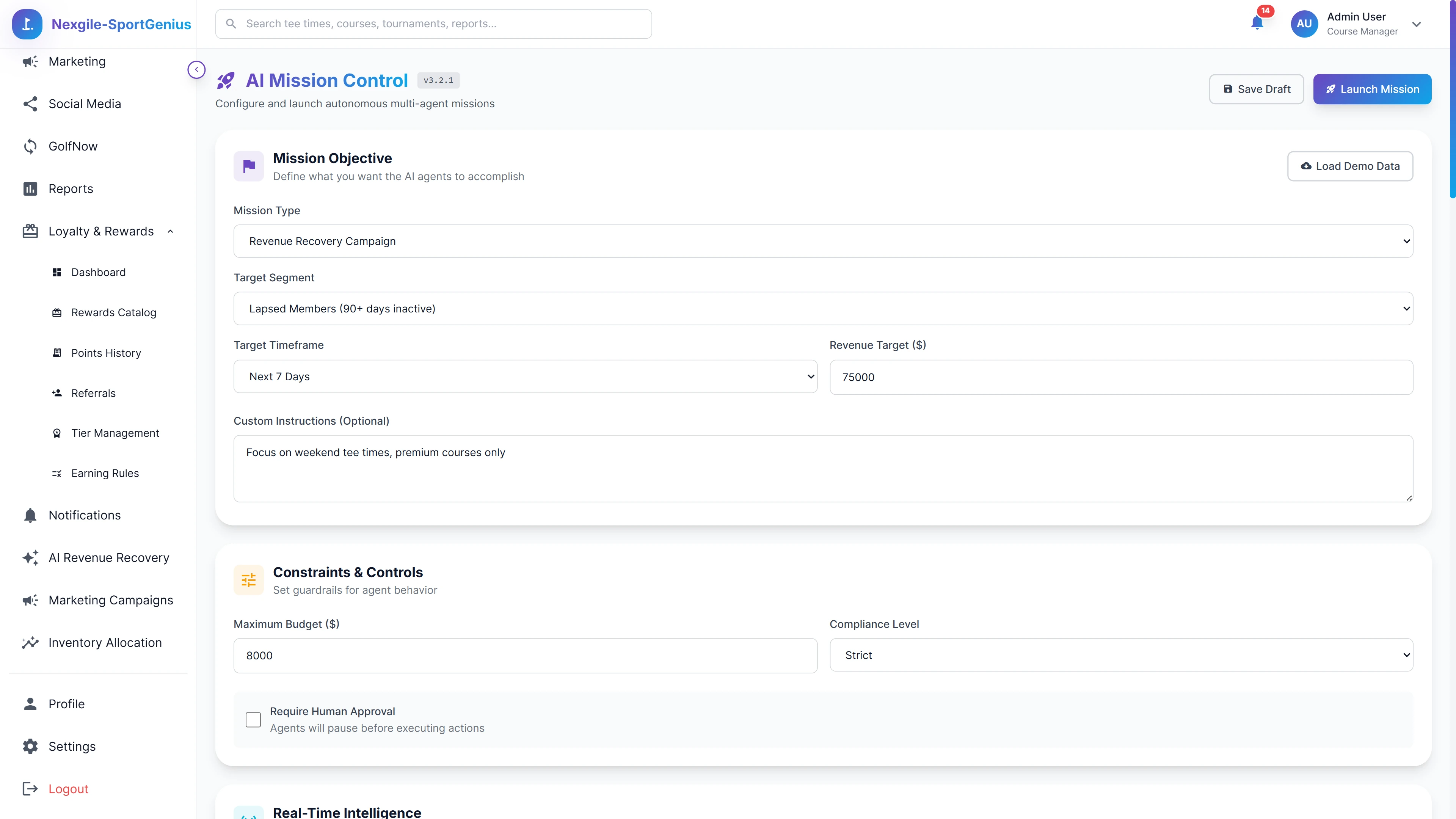 Mission Control Configuration - Define campaign objectives, target segments, revenue goals, budget constraints, and compliance guardrails