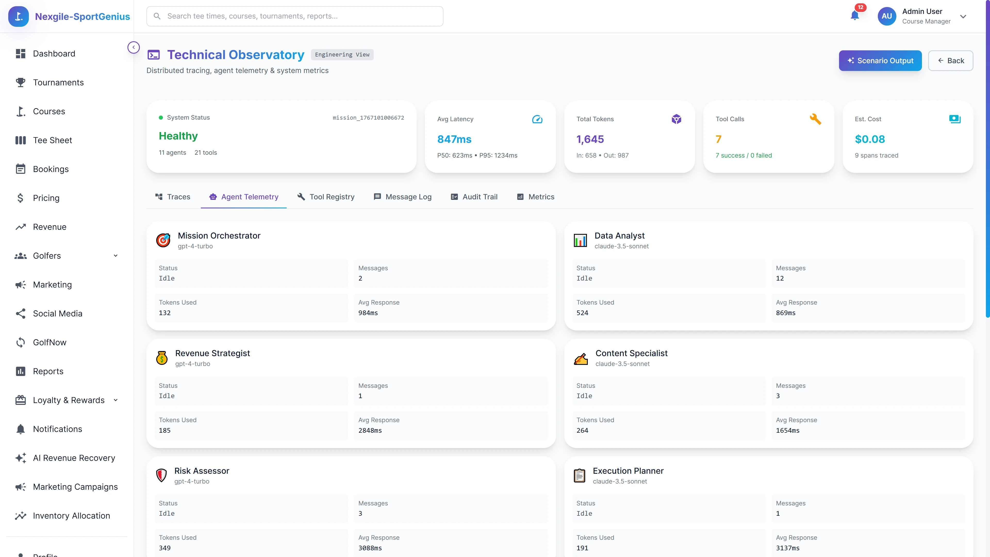 Technical Observatory - Engineering view with agent telemetry, performance metrics, token usage, and distributed system observability