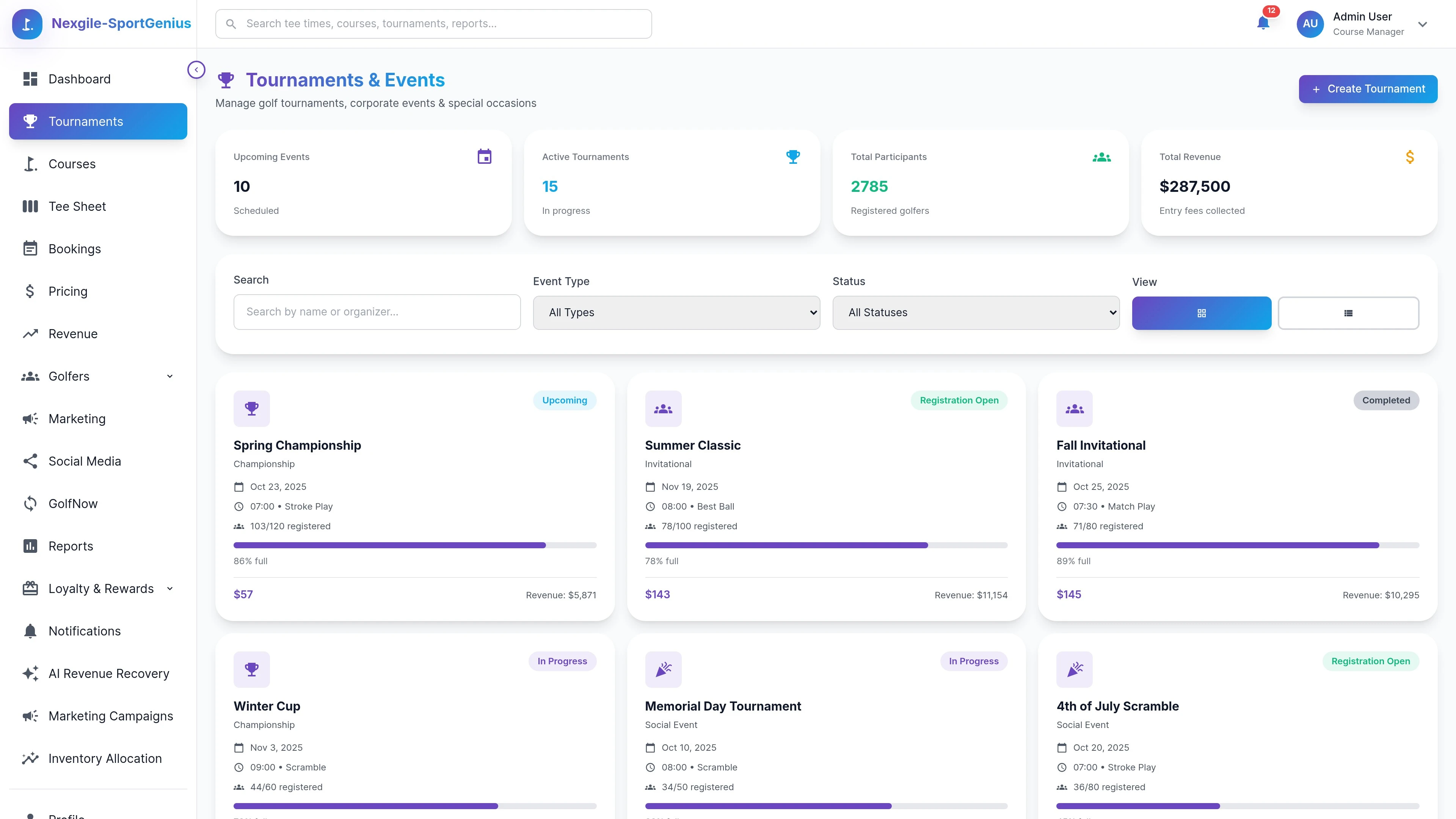 Tournaments Management Interface