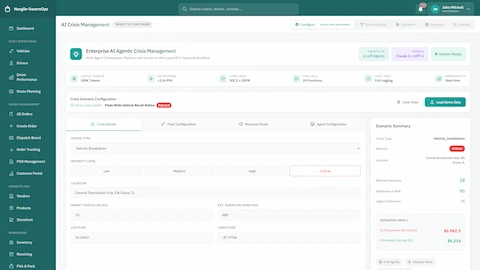 AI Crisis Management Configuration - Crisis scenario setup with severity levels, location parameters, and real-time scenario summary