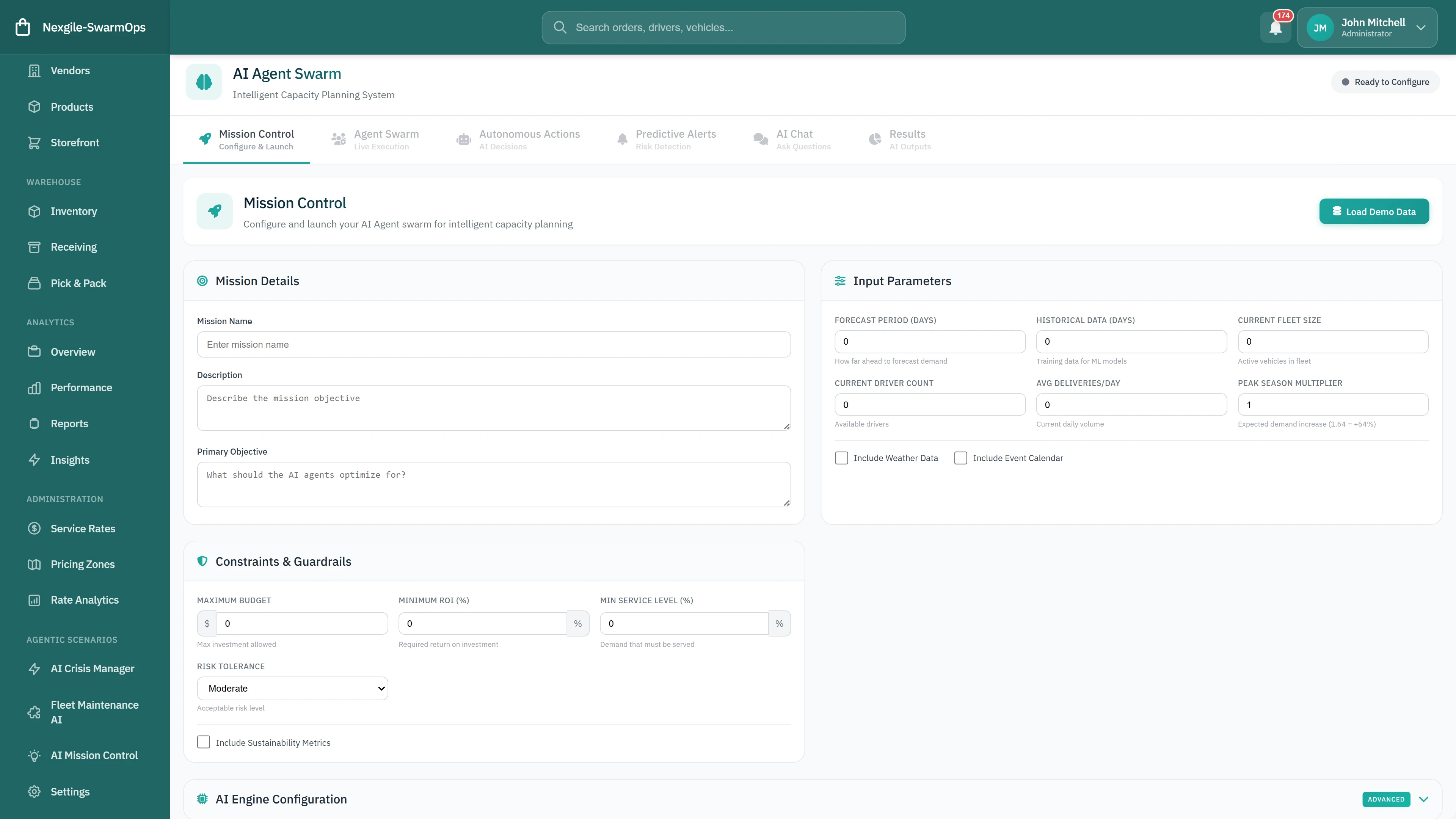 AI Agent Swarm - Mission Control configuration with mission details, input parameters, constraints, guardrails, and AI engine settings