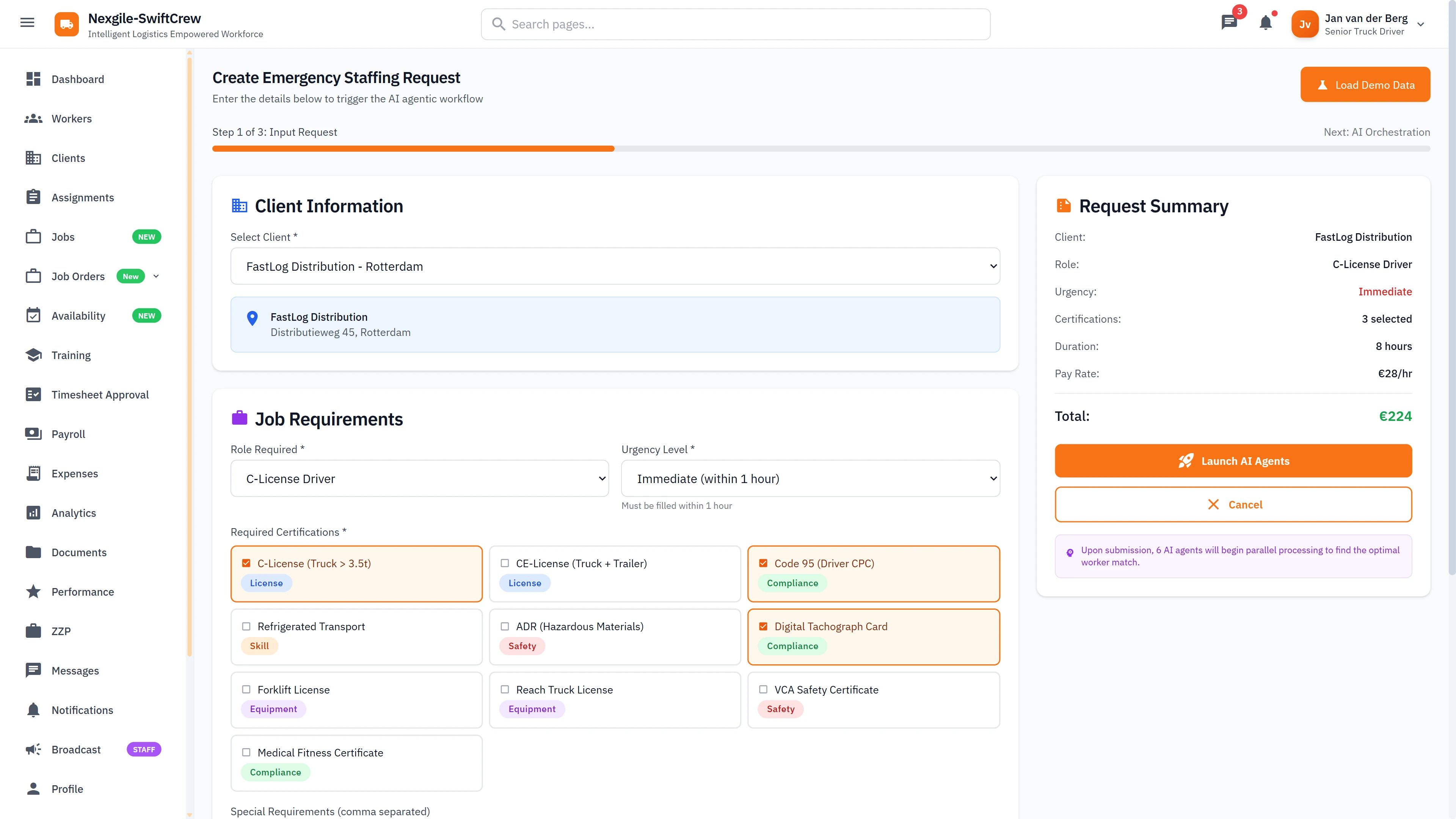 Create Emergency Staffing Request - Client info, job requirements, certification selection, and cost estimation