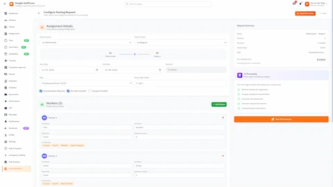 Configure Posting Request - Cross-border assignment setup with country routing, worker details, and cost estimation