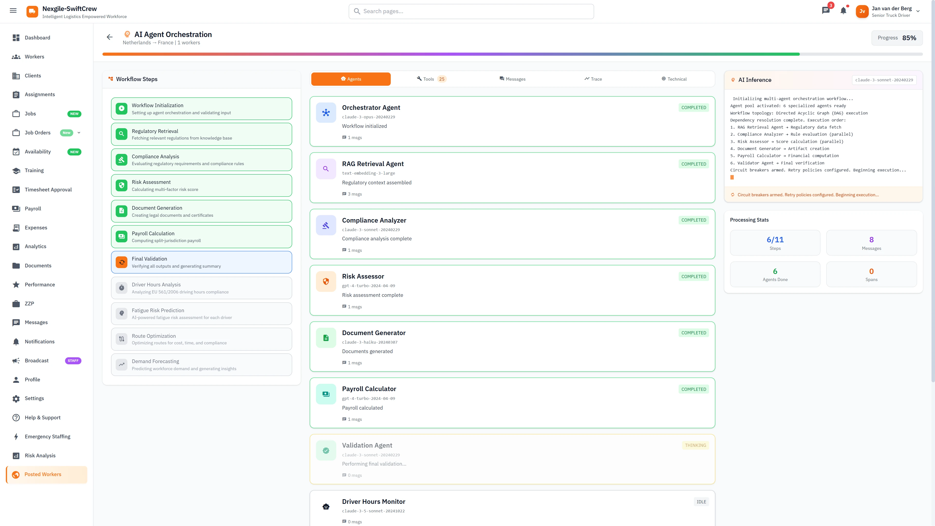 AI Agent Orchestration - 12 specialized agents workflow with progress tracking and real-time inference outputs