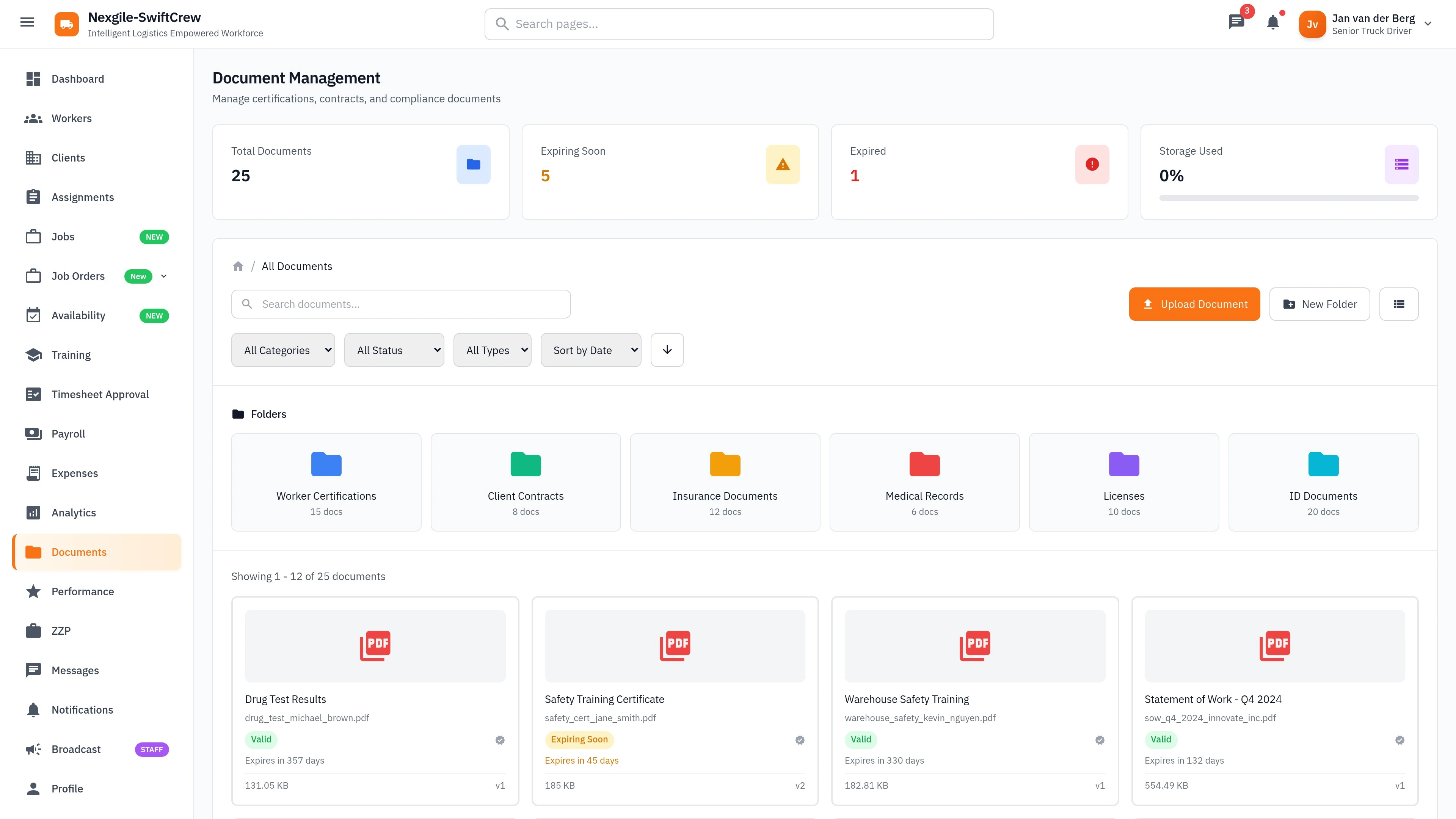 Documents page - Document management and compliance tracking interface