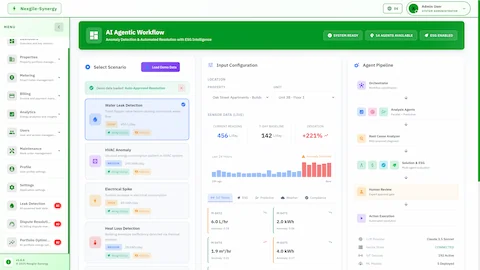 AI Agentic Workflow dashboard with scenario selection for anomaly types, live IoT sensor data showing consumption deviation, input configuration, and 14-agent pipeline visualization.