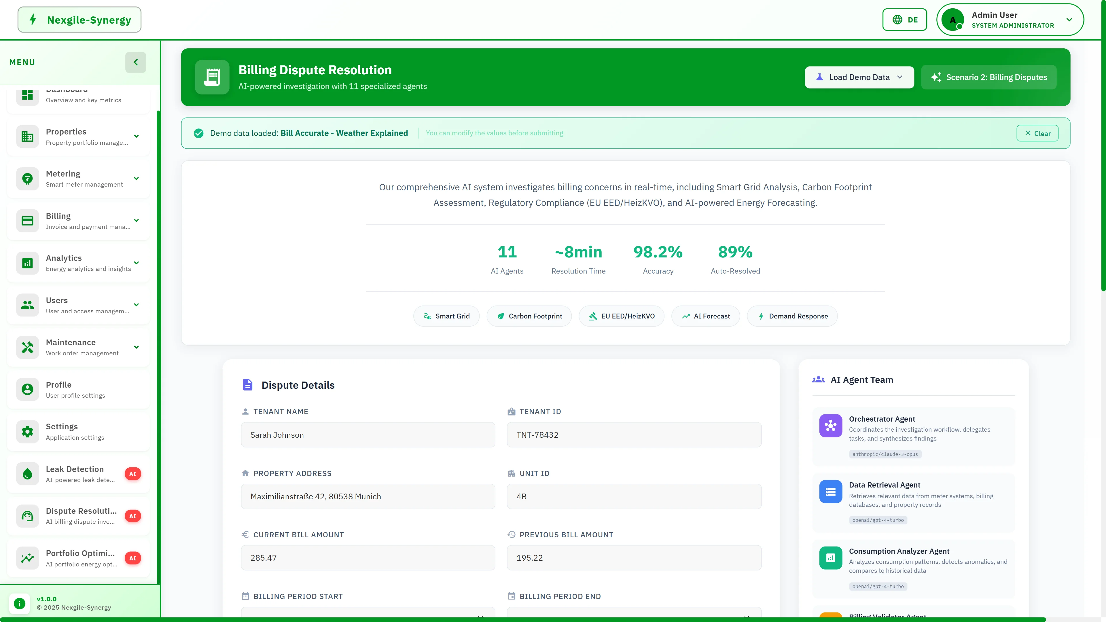 Billing Dispute Resolution interface showing 11 AI agents with ~8min resolution time, 98.2% accuracy metrics, dispute details form, and AI agent team panel with specialized roles.