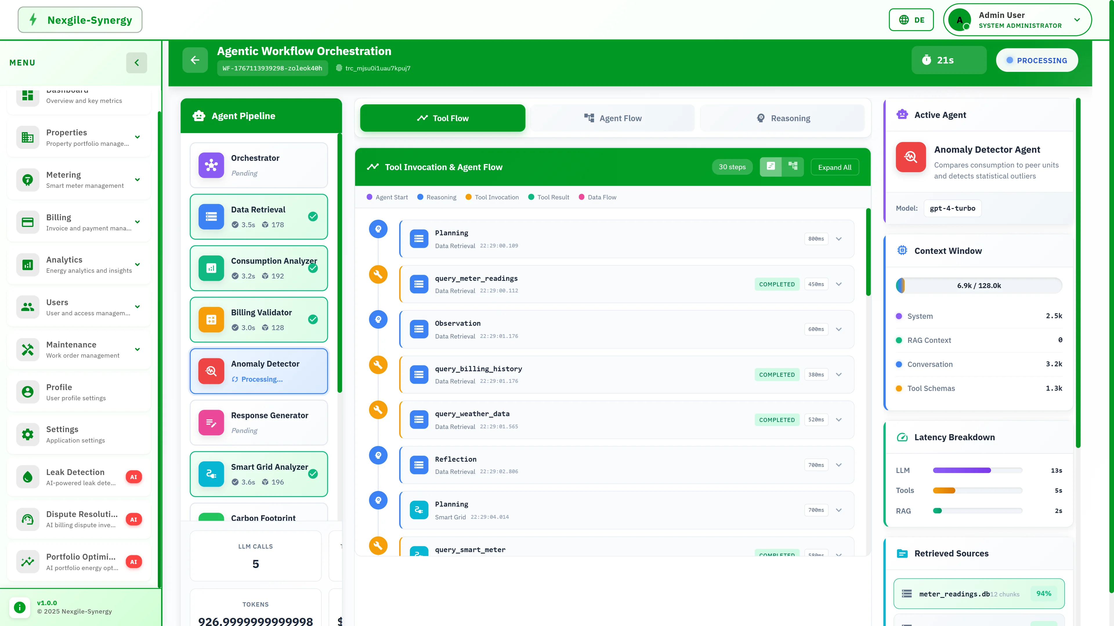 Agentic Workflow Orchestration view displaying agent pipeline status, 30-step tool invocation flow, active Anomaly Detector agent with context window usage and latency breakdown.