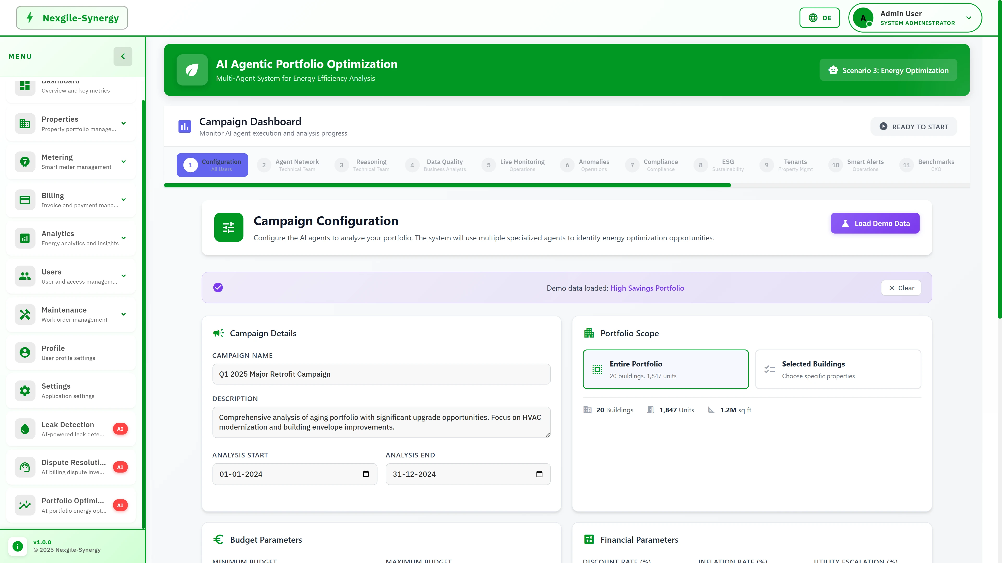 Campaign Configuration dashboard showing 11-step workflow progress, Q1 2025 retrofit campaign details, portfolio scope with 20 buildings and 1,847 units, and budget parameters.