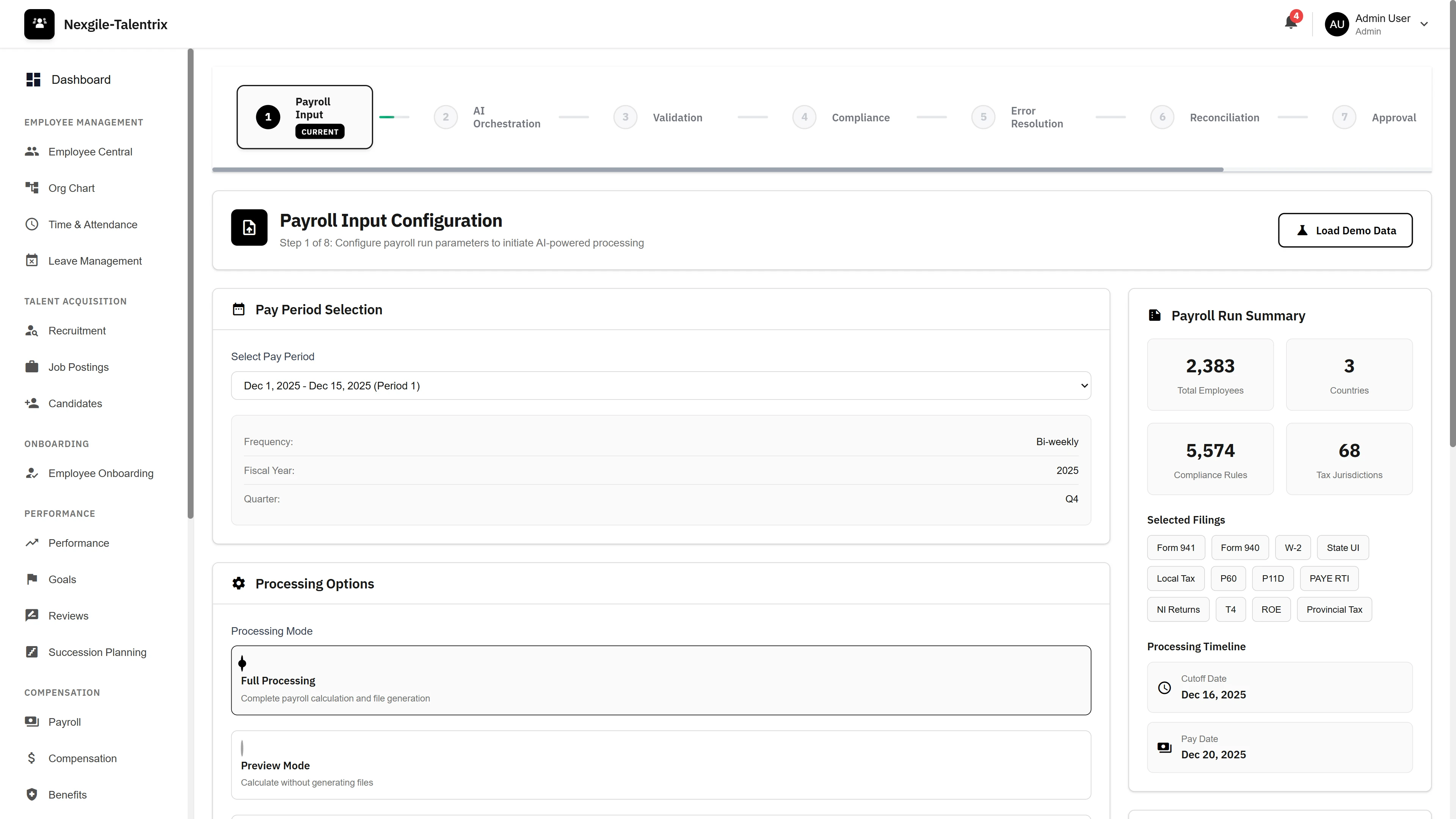 Payroll Input Configuration - Pay period selection, processing options, payroll run summary with employee count, compliance rules, and tax jurisdictions