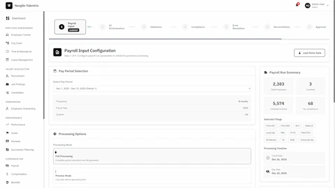 Payroll Input Configuration - Pay period selection, processing options, payroll run summary with employee count, compliance rules, and tax jurisdictions
