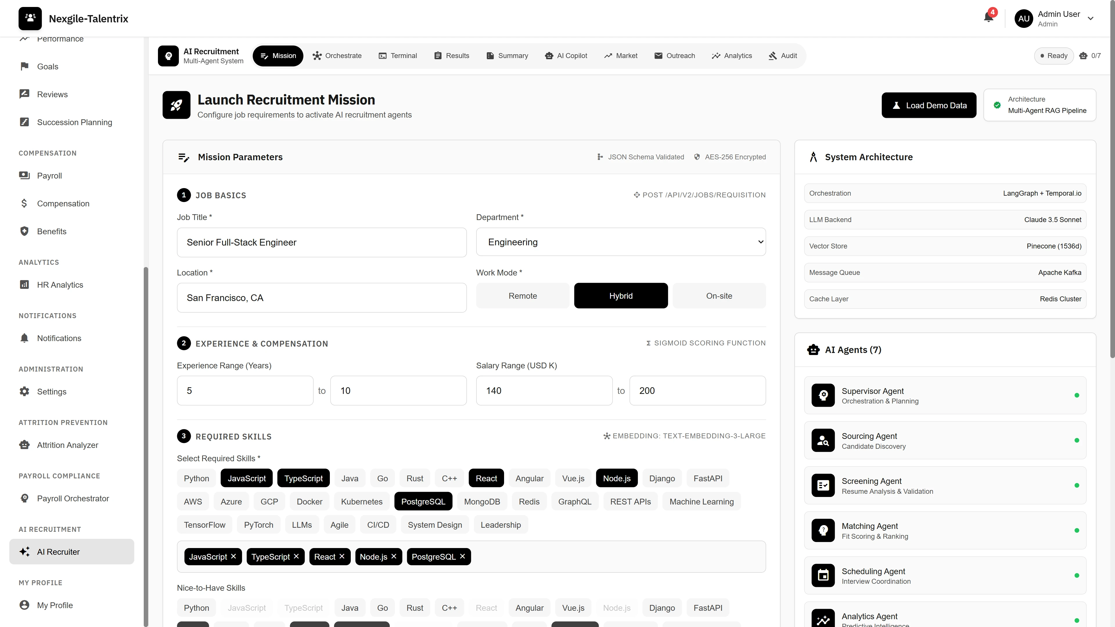 Launch Recruitment Mission - Configure job requirements with role details, experience range, salary parameters, required skills selection, and AI agent architecture overview