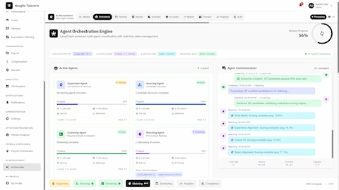 Agent Orchestration Engine - Real-time multi-agent coordination showing Supervisor, Sourcing, Screening, and Matching agents with progress tracking and agent communication stream