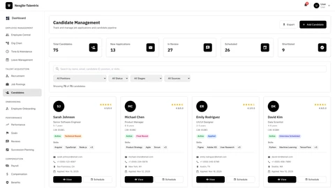 Candidates Portal - AI-powered talent acquisition interface with intelligent candidate matching, comprehensive screening workflows, and recruitment analytics