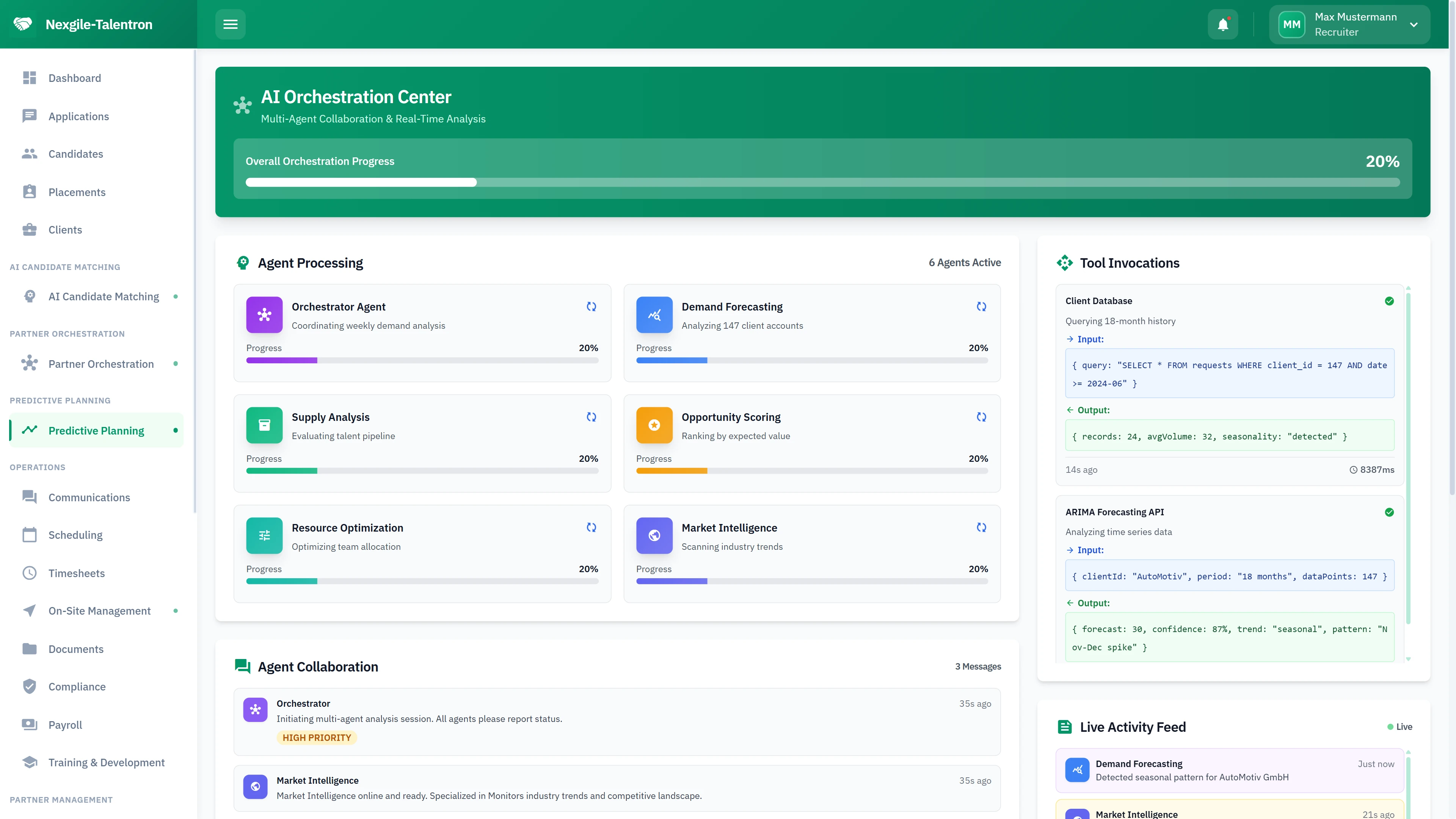 AI Orchestration Center - Multi-agent processing dashboard with tool invocations and live activity feed