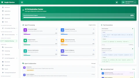 AI Orchestration Center - Multi-agent processing dashboard with tool invocations and live activity feed