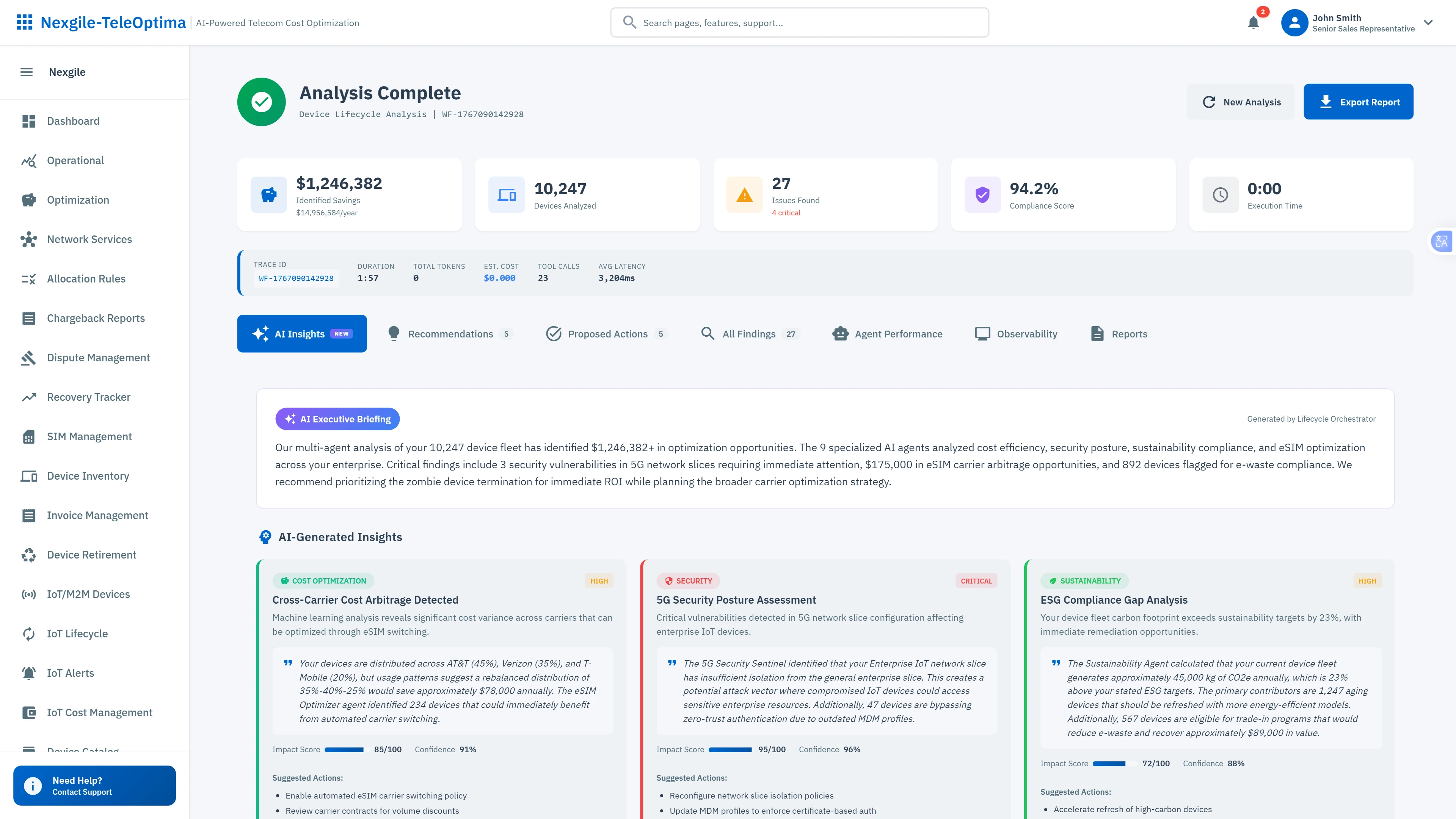 AI-Powered Insights Dashboard - Comprehensive analysis results with cost savings, compliance metrics, and prioritized recommendations