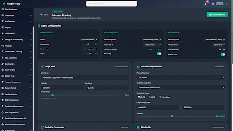 Mission Briefing configuration interface with AI model parameters, target area selection, and business requirements setup