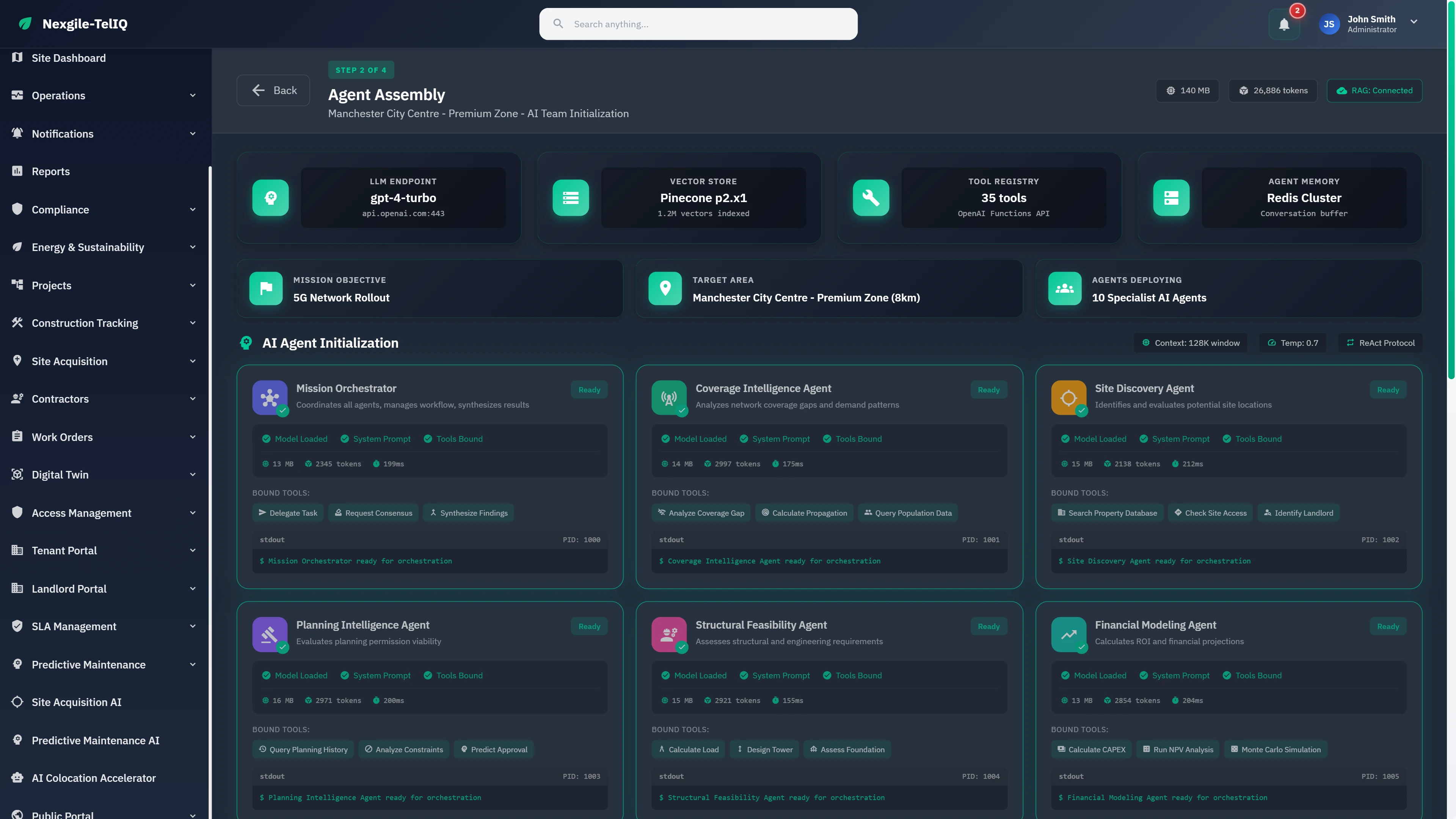 Agent Assembly initialization showing 10 specialized AI agents with system status, bound tools, and model configurations