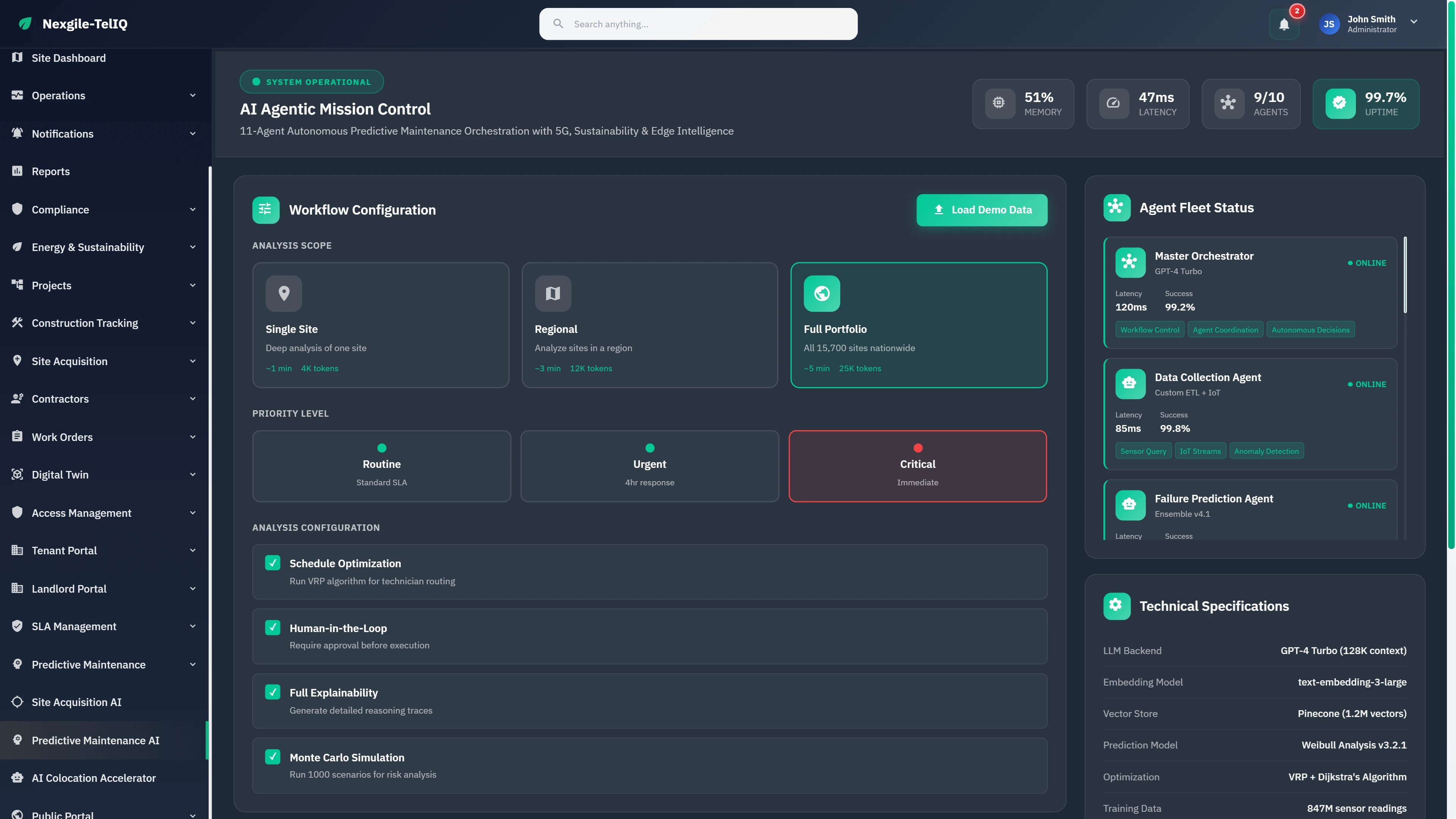 Mission Control dashboard with workflow configuration, portfolio scope selection, priority levels, and agent fleet status monitoring