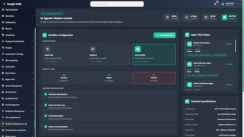 Mission Control dashboard with workflow configuration, portfolio scope selection, priority levels, and agent fleet status monitoring