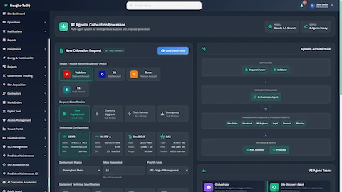 Colocation Request processor with tenant selection, technology configuration, deployment parameters, and system architecture visualization