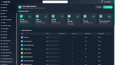 Observability Dashboard tracking system performance metrics, API costs, token usage, and individual agent execution analytics