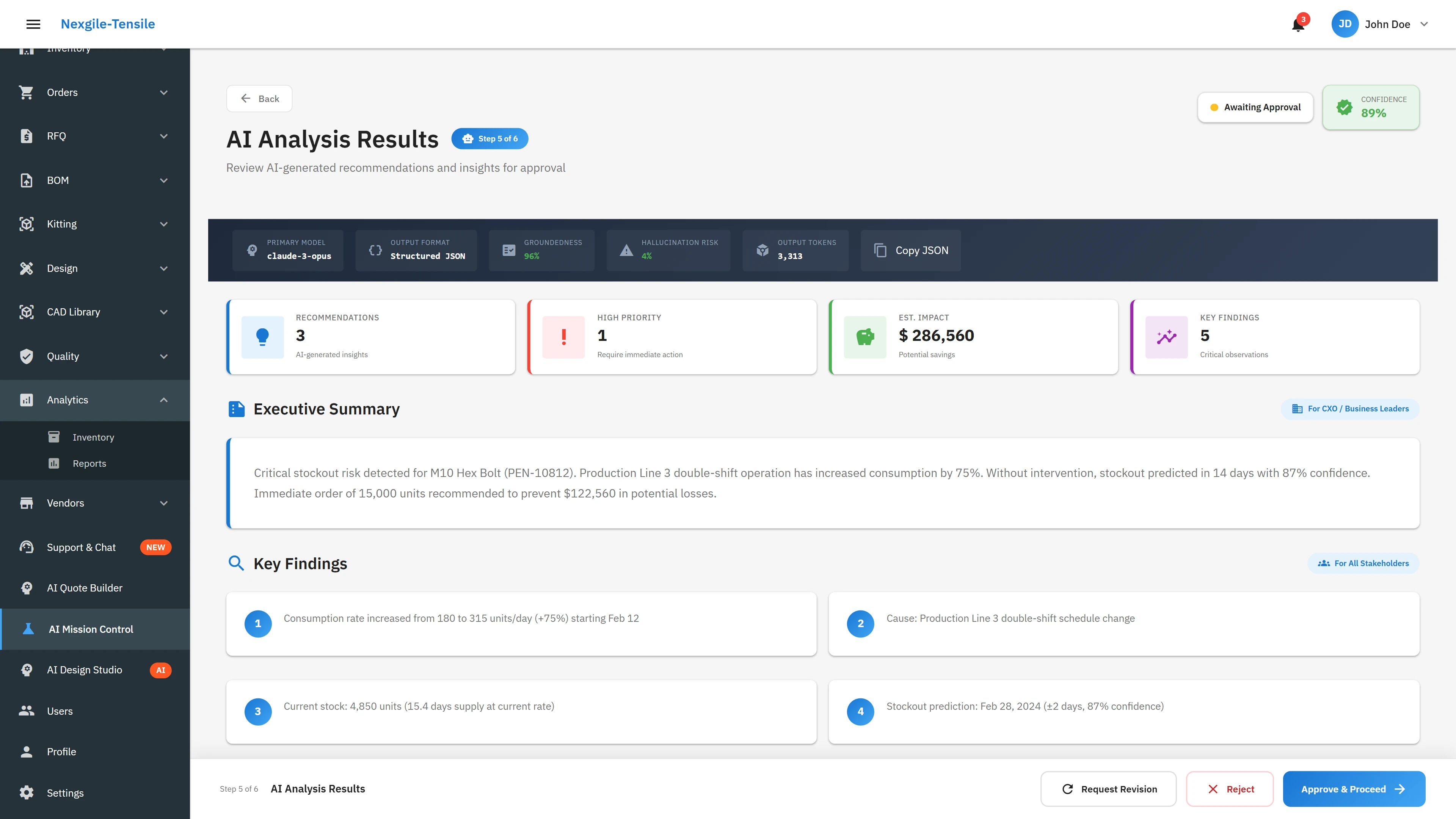 Recommendations Panel - AI-generated actions with confidence scores and cost impact
