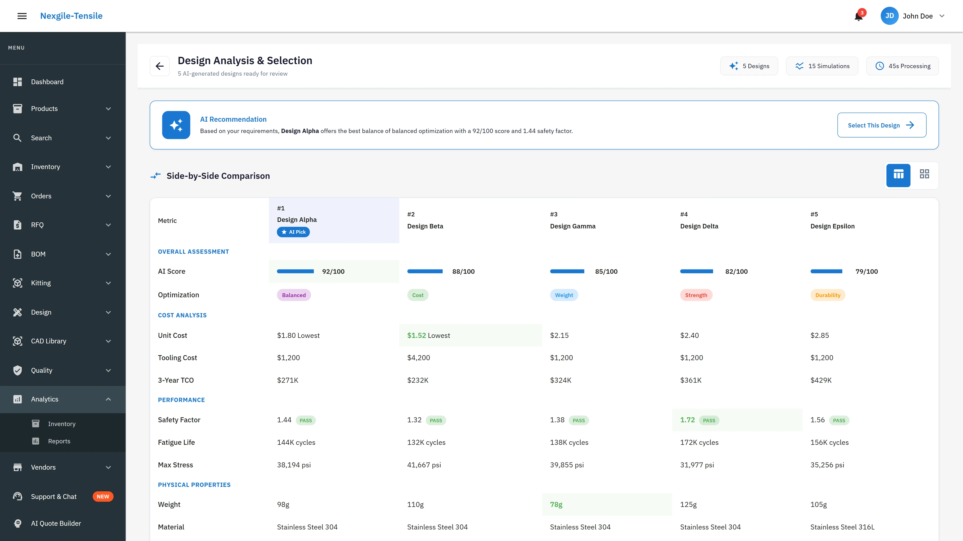Physics Simulation - FEA analysis with stress visualization and safety factors