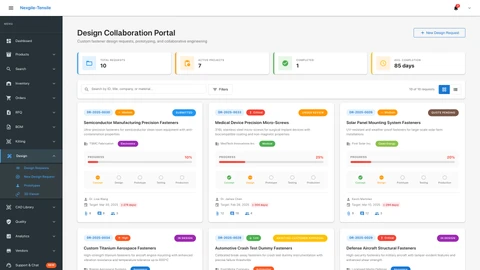 Design Requests page - Interface for managing custom fastener design requests