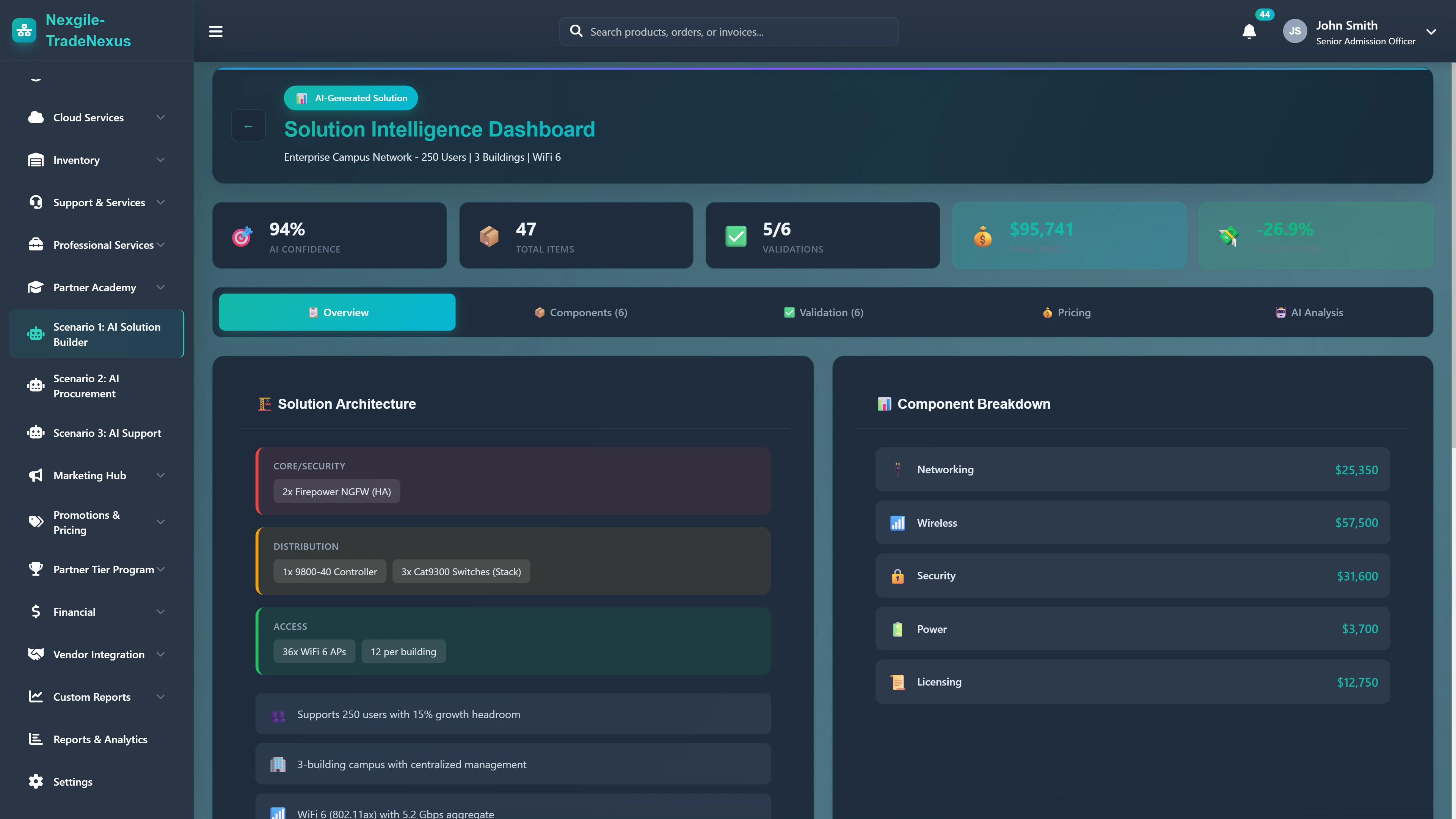 Solution Intelligence Dashboard - AI-generated architecture with component breakdown, pricing analysis, and validation scores