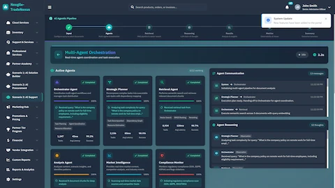 Multi-Agent Orchestration - Active agents dashboard with task metrics, agent communication, and reasoning logs