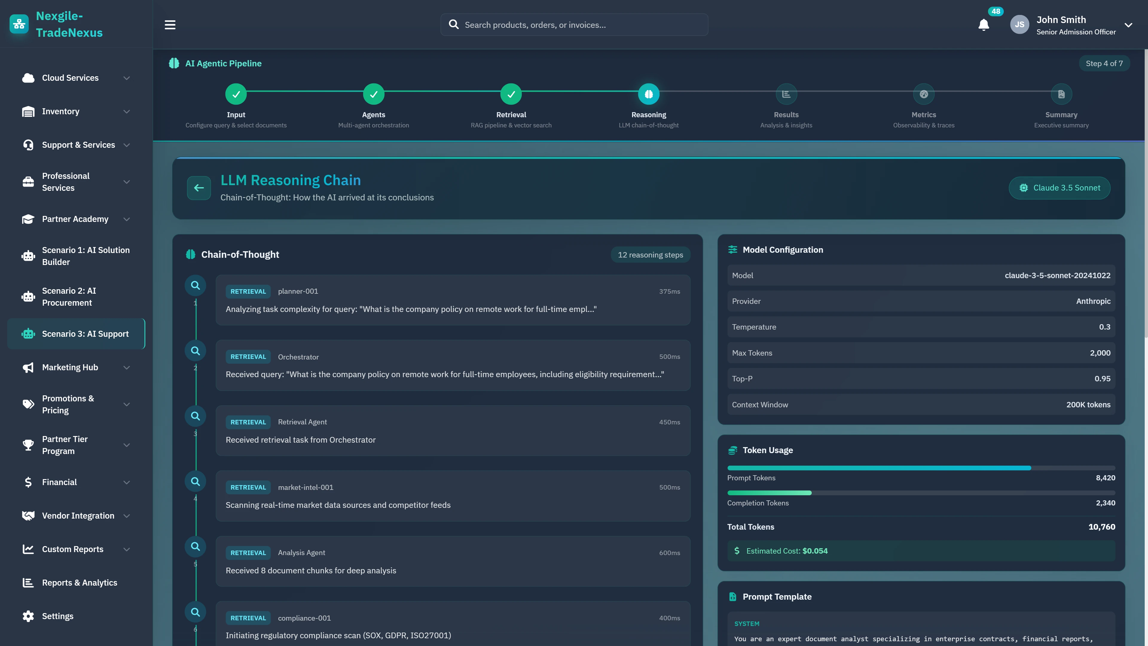 LLM Reasoning Chain - Chain-of-thought visualization with retrieval steps, token usage metrics, and cost tracking